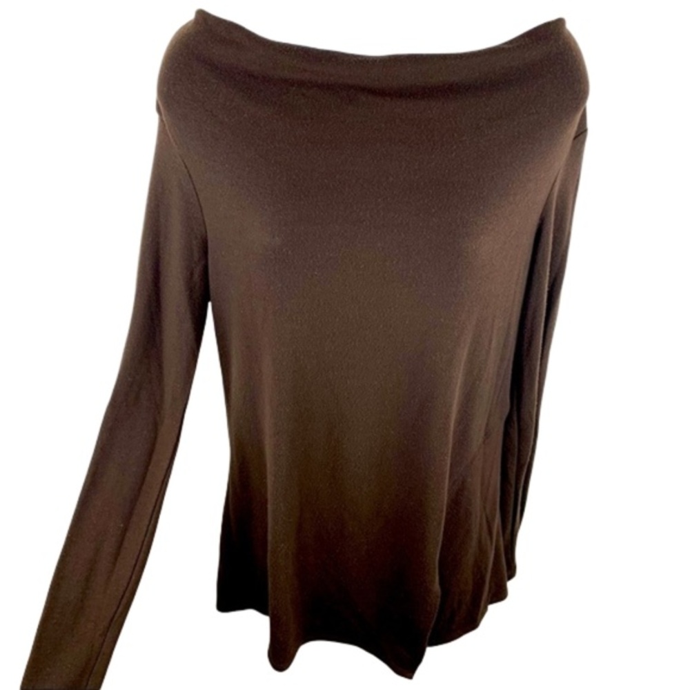 ROZ & ALI Tunic Top Brown Long Sleeve Boat Neckline Asymmetrical Hem
